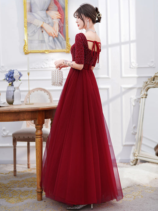 Wijnrode avondjurk lange mouw baljurk / Wine Red Evening Dress Long Sleeve