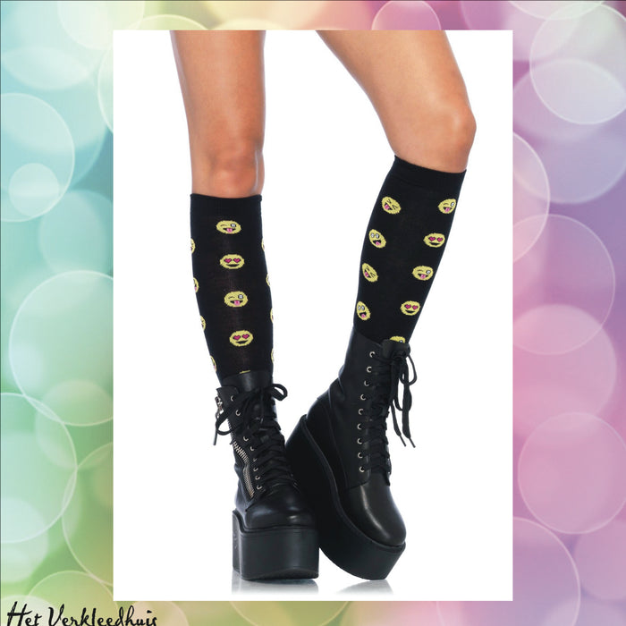 Smiley Smiley kousen zwart (emoji knee highs Acrylic) - Scattando Verkleedhuis